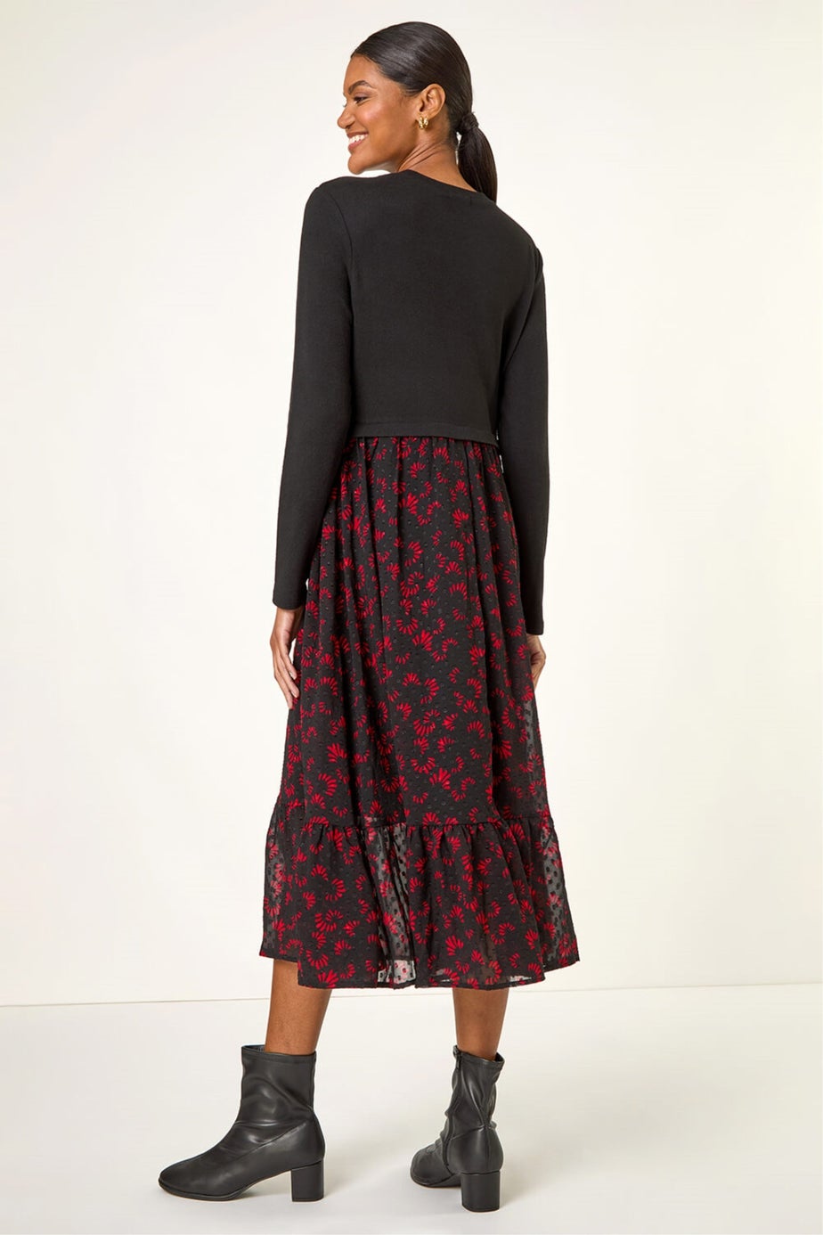 Roman Black Contrast Print Mesh Skirt Midi Dress