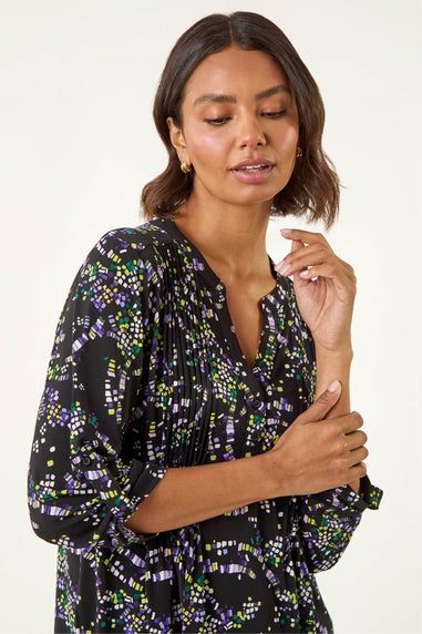 Roman Lime Abstract Print Pintuck Stretch Top