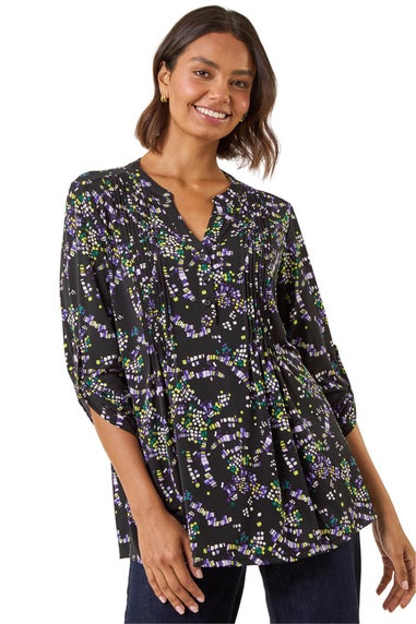 Roman Lime Abstract Print Pintuck Stretch Top