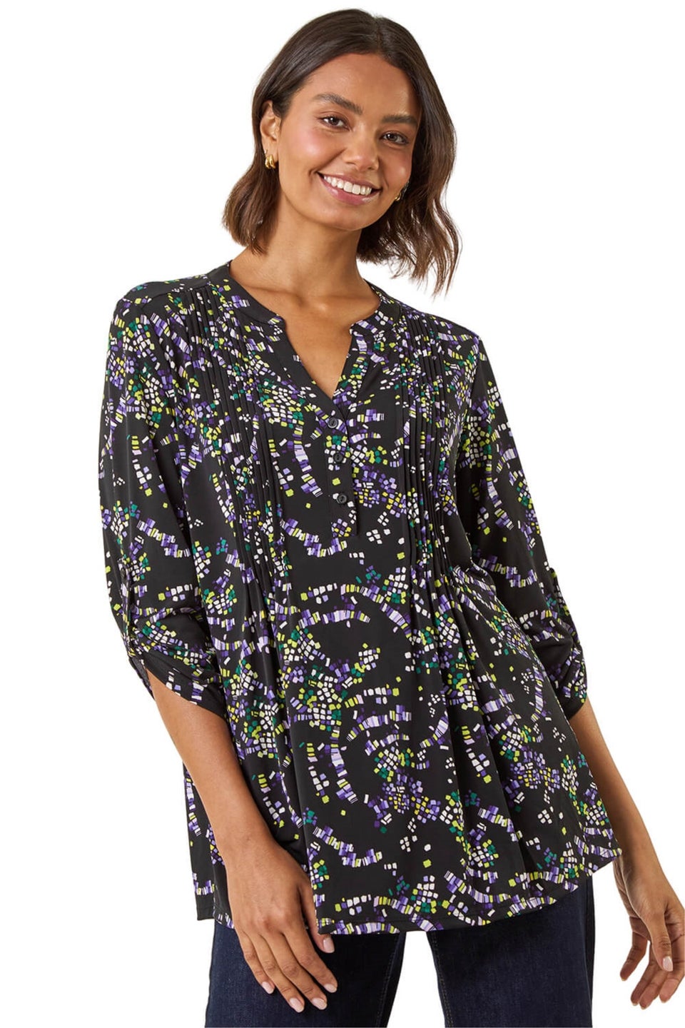 Roman Lime Abstract Print Pintuck Stretch Top