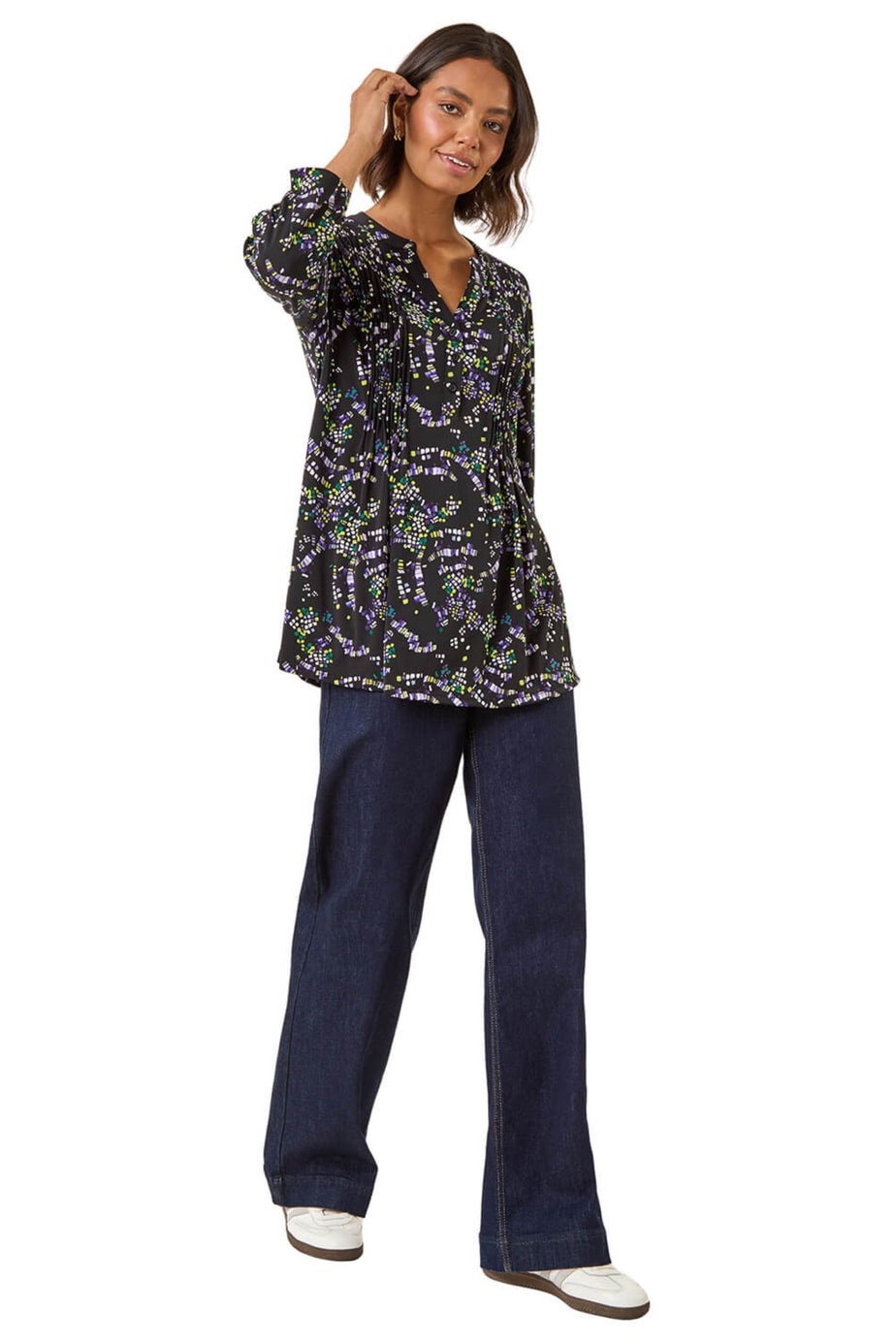 Roman Lime Abstract Print Pintuck Stretch Top