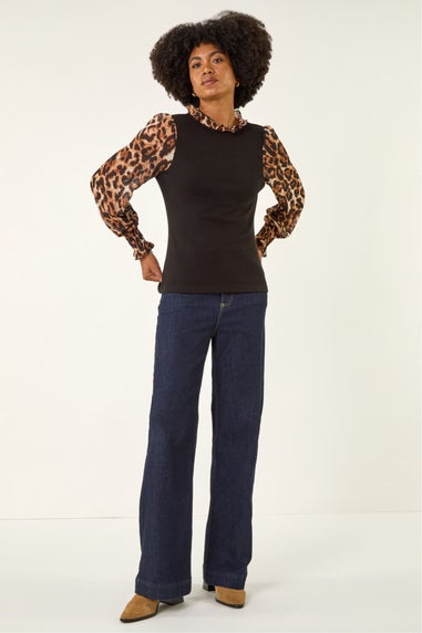 Roman Black Animal Print Sleeve Stretch Top