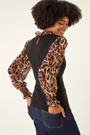 Roman Black Animal Print Sleeve Stretch Top