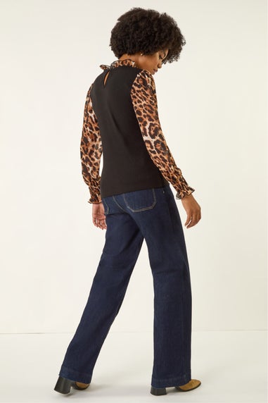 Roman Black Animal Print Sleeve Stretch Top