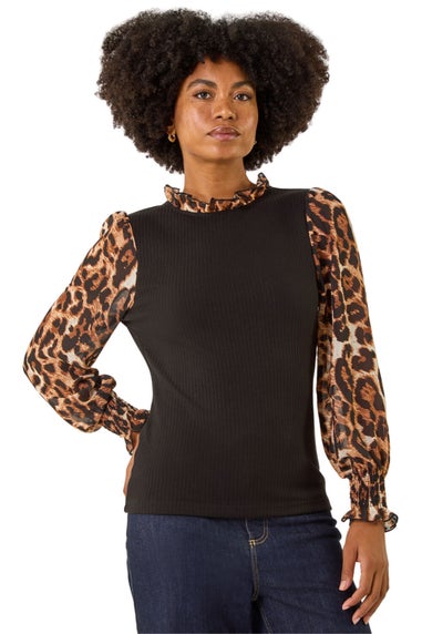 Roman Black Animal Print Sleeve Stretch Top