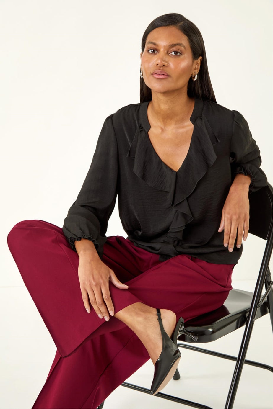 Roman Black Satin Ruffle Neck Blouse