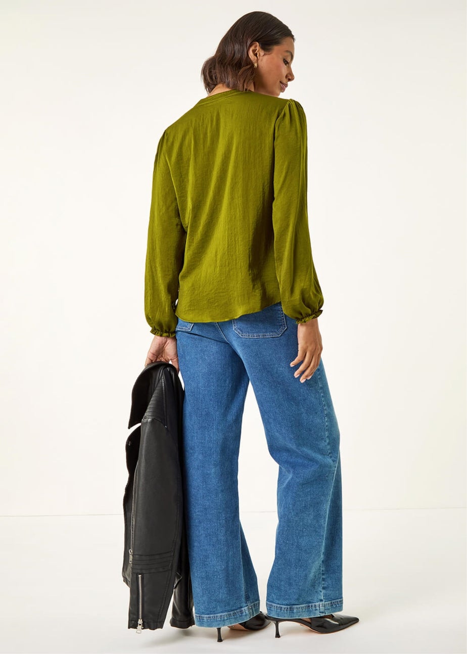 Roman Pea Green Satin Ruffle Neck Blouse