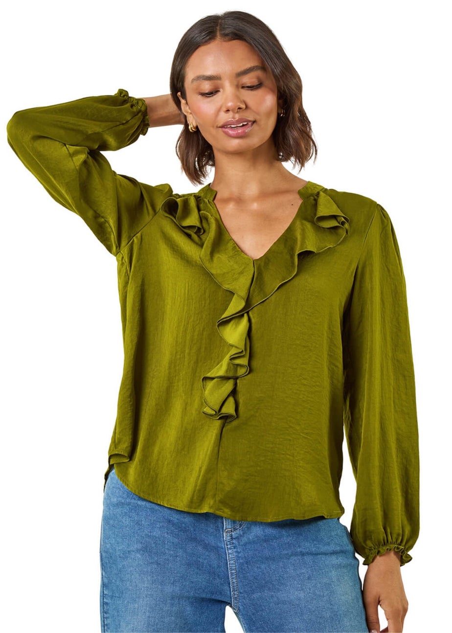 Roman Pea Green Satin Ruffle Neck Blouse