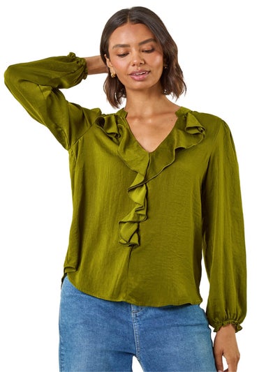 Roman Pea Green Satin Ruffle Neck Blouse