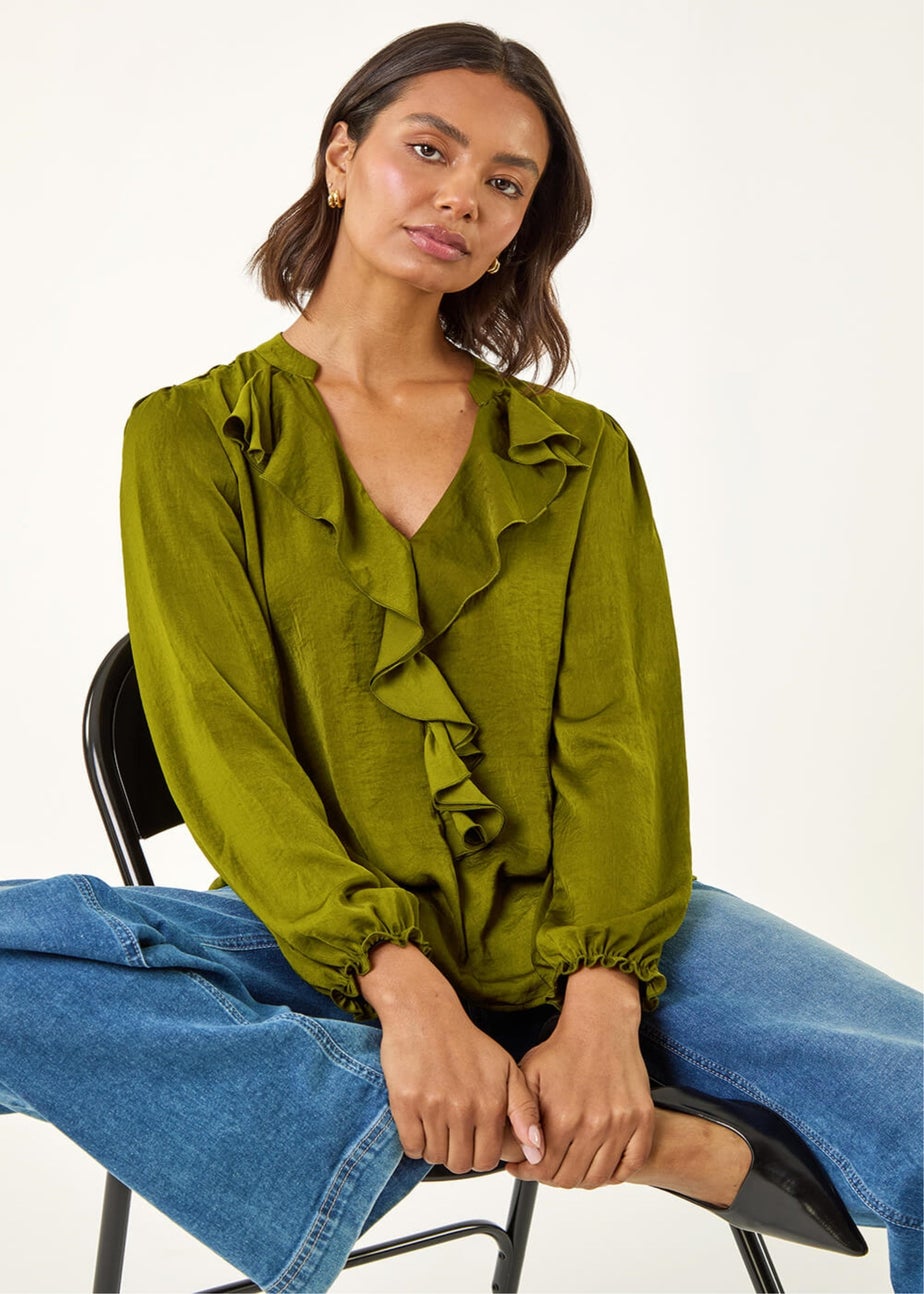 Roman Pea Green Satin Ruffle Neck Blouse