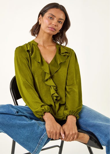 Roman Pea Green Satin Ruffle Neck Blouse