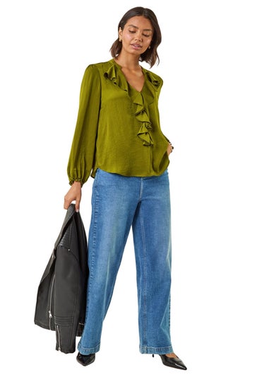 Roman Pea Green Satin Ruffle Neck Blouse