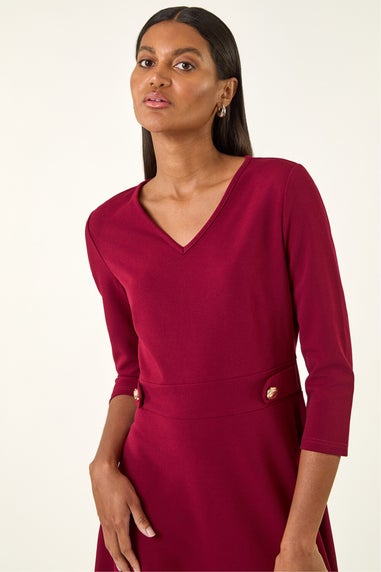 Roman Wine V-Neck Buttoned Stretch Dress