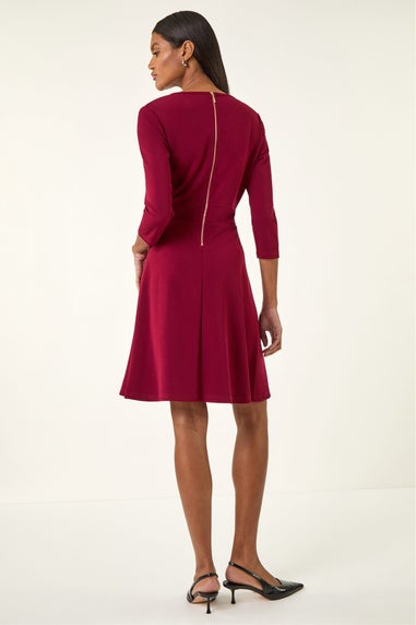 Roman Wine V-Neck Buttoned Stretch Dress