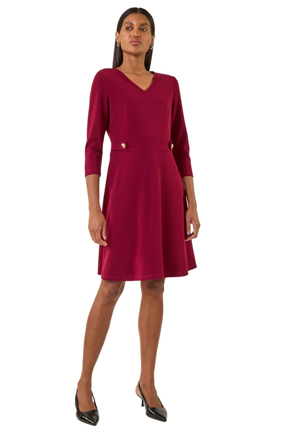 Roman Wine V-Neck Buttoned Stretch Dress