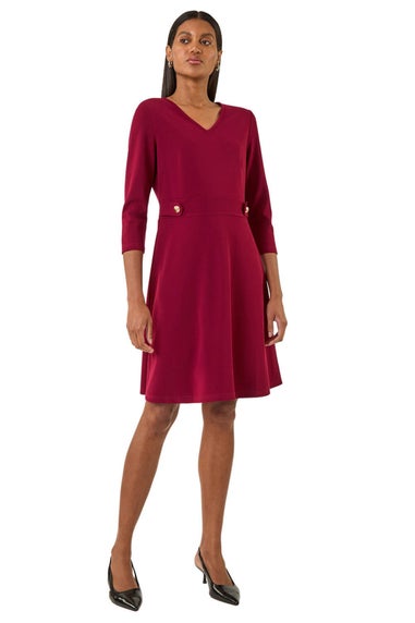 Roman Wine V-Neck Buttoned Stretch Dress