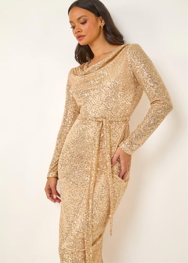 Dusk Gold Sequin Cowl Neck Pencil Stretch Dress