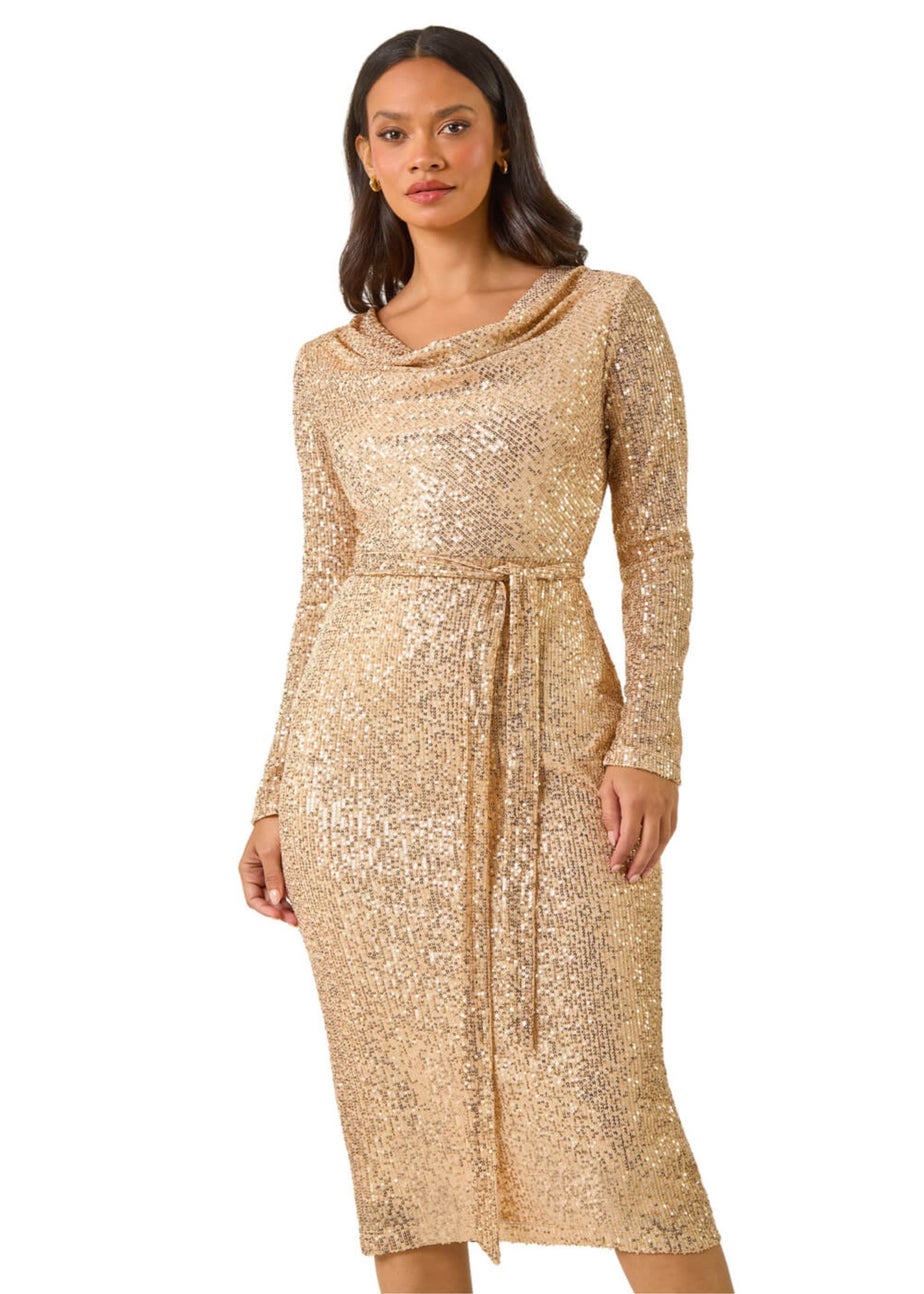 Dusk Gold Sequin Cowl Neck Pencil Stretch Dress