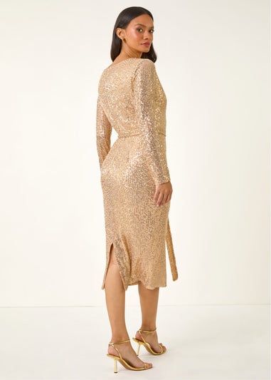 Dusk Gold Sequin Cowl Neck Pencil Stretch Dress