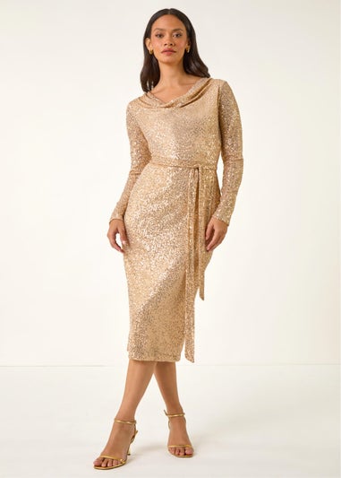 Dusk Gold Sequin Cowl Neck Pencil Stretch Dress