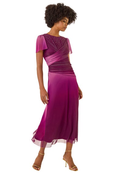 Roman Wine Hotfix Ombre Mesh Midi Dress