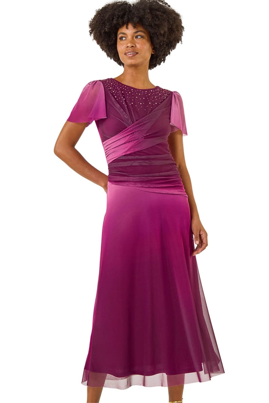 Roman Wine Hotfix Ombre Mesh Midi Dress