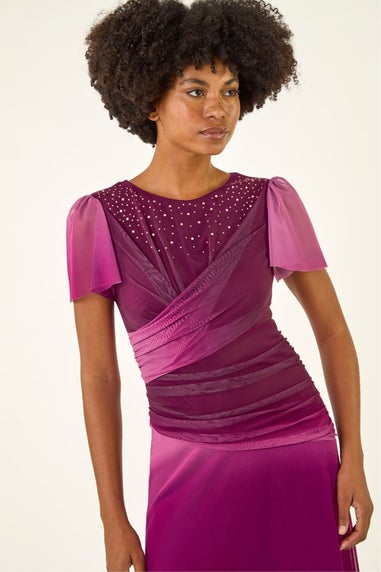 Roman Wine Hotfix Ombre Mesh Midi Dress