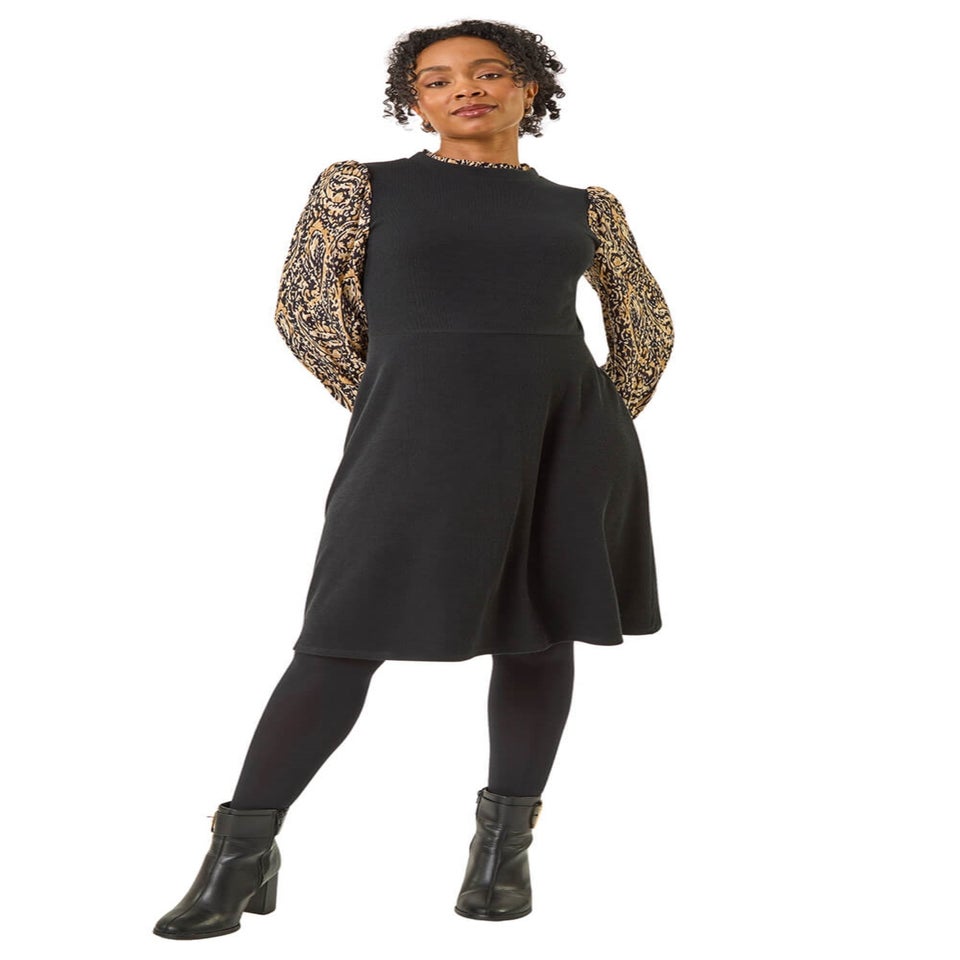 Roman Black Petite Contrast Frill Stretch Dress