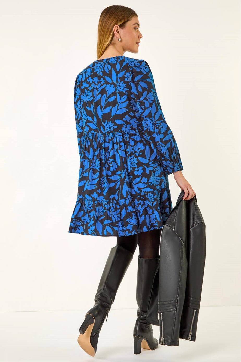 Roman Blue Floral Print Tie Front Smock Dress