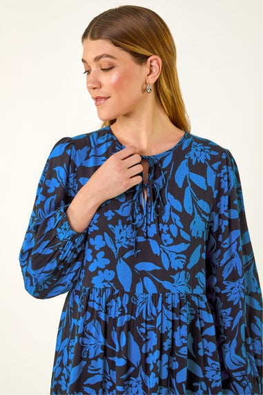 Roman Blue Floral Print Tie Front Smock Dress