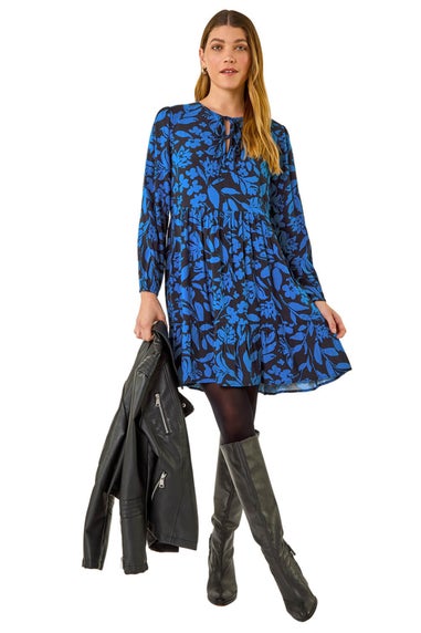 Roman Blue Floral Print Tie Front Smock Dress