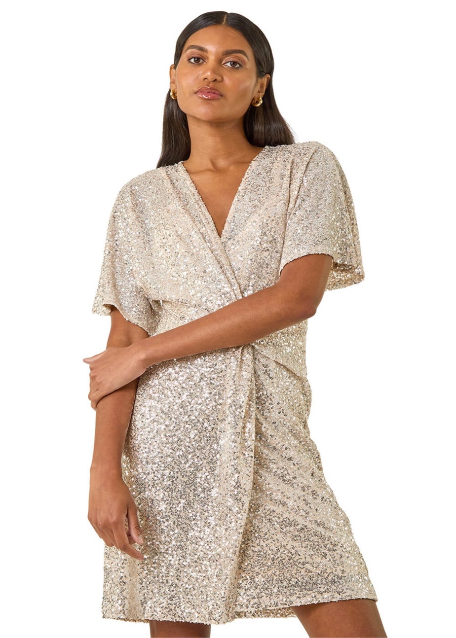 Roman Silver Sequin Twist Front Stretch Dress