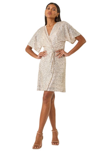 Roman Silver Sequin Twist Front Stretch Dress