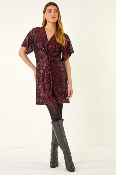 Roman Magenta Sequin Twist Front Stretch Dress