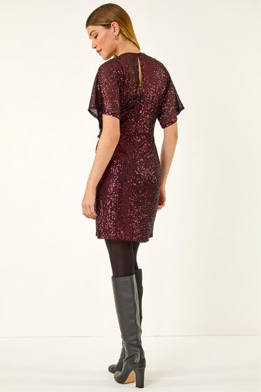 Roman Magenta Sequin Twist Front Stretch Dress