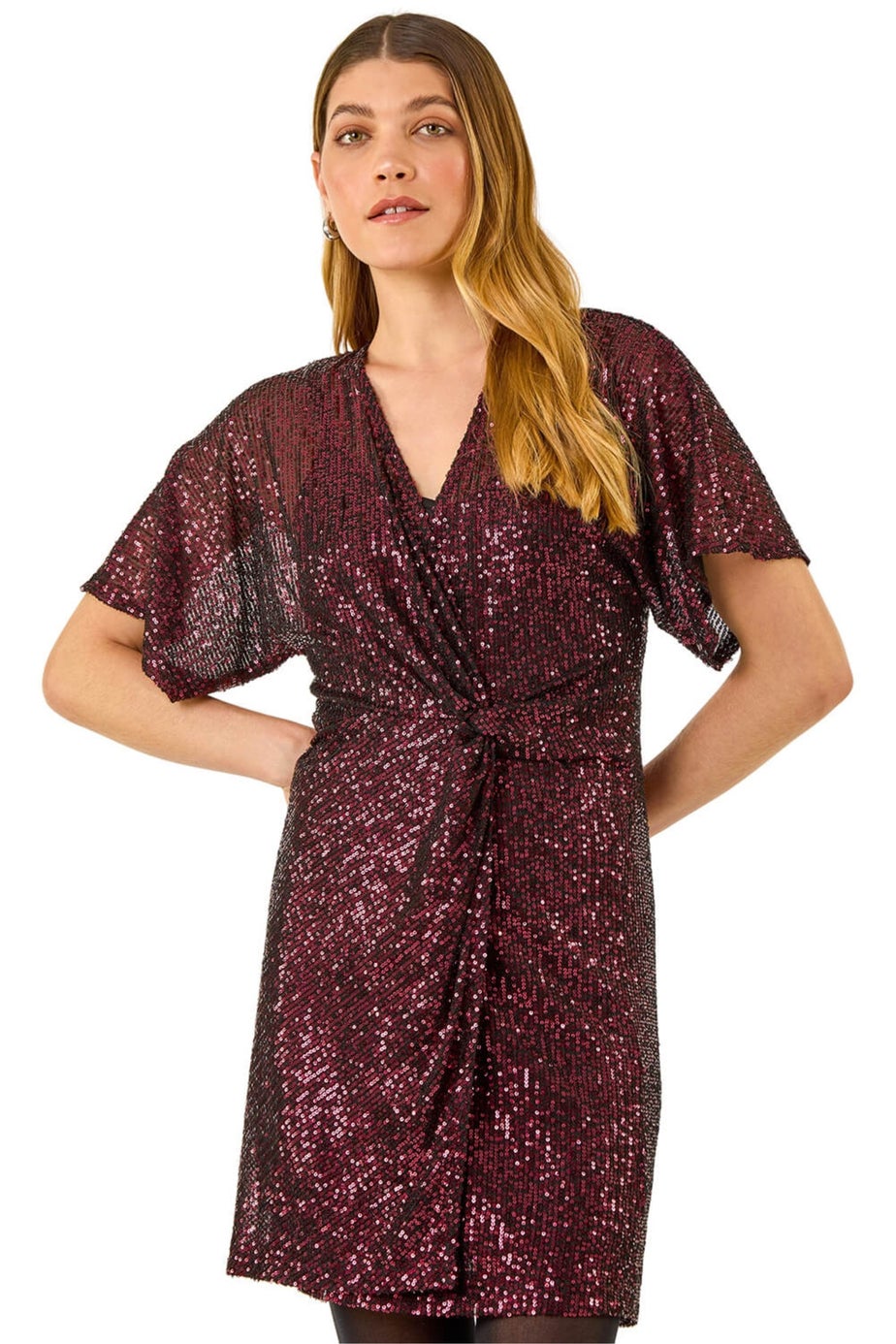 Roman Magenta Sequin Twist Front Stretch Dress