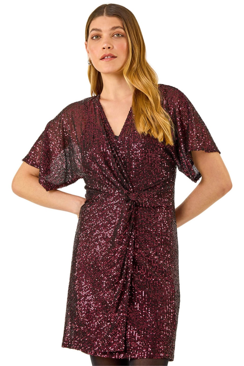 Roman Magenta Sequin Twist Front Stretch Dress