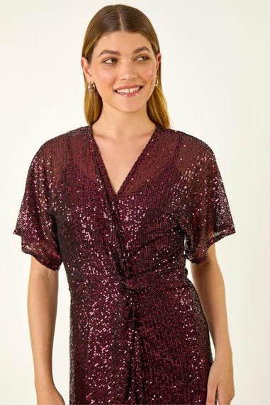 Roman Magenta Sequin Twist Front Stretch Dress