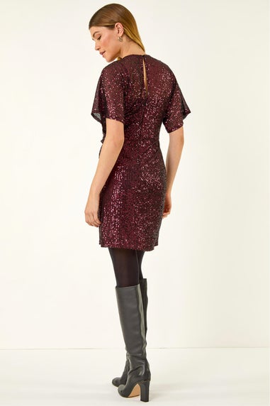 Roman Magenta Sequin Twist Front Stretch Dress