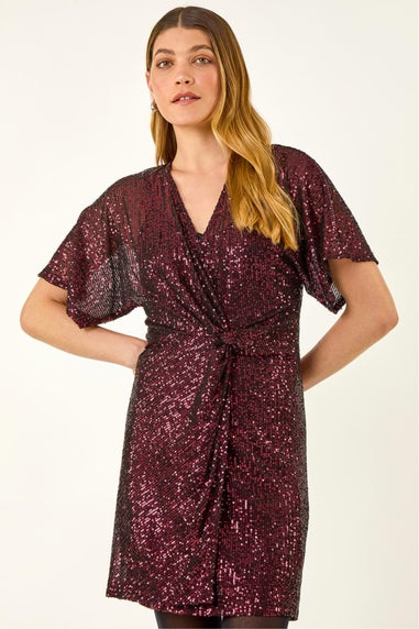 Roman Magenta Sequin Twist Front Stretch Dress