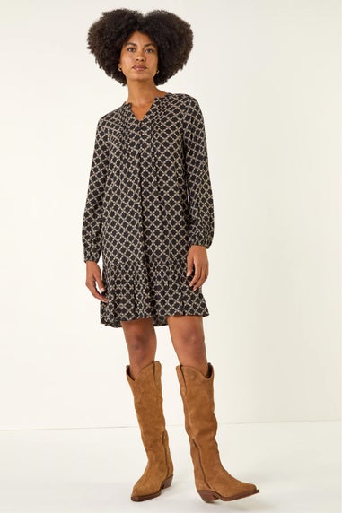 Roman Black Geo Print Pintuck Smock Dress