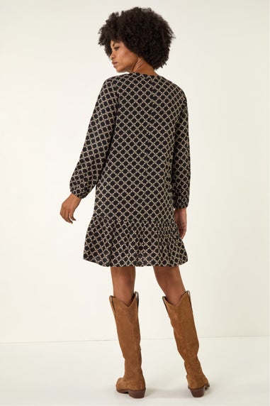 Roman Black Geo Print Pintuck Smock Dress
