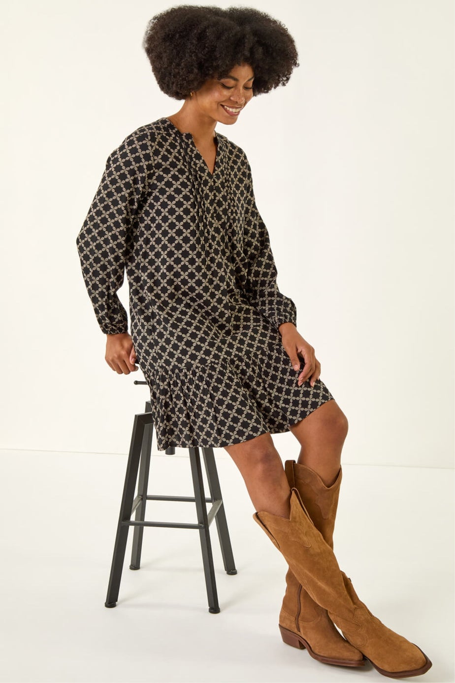 Roman Black Geo Print Pintuck Smock Dress