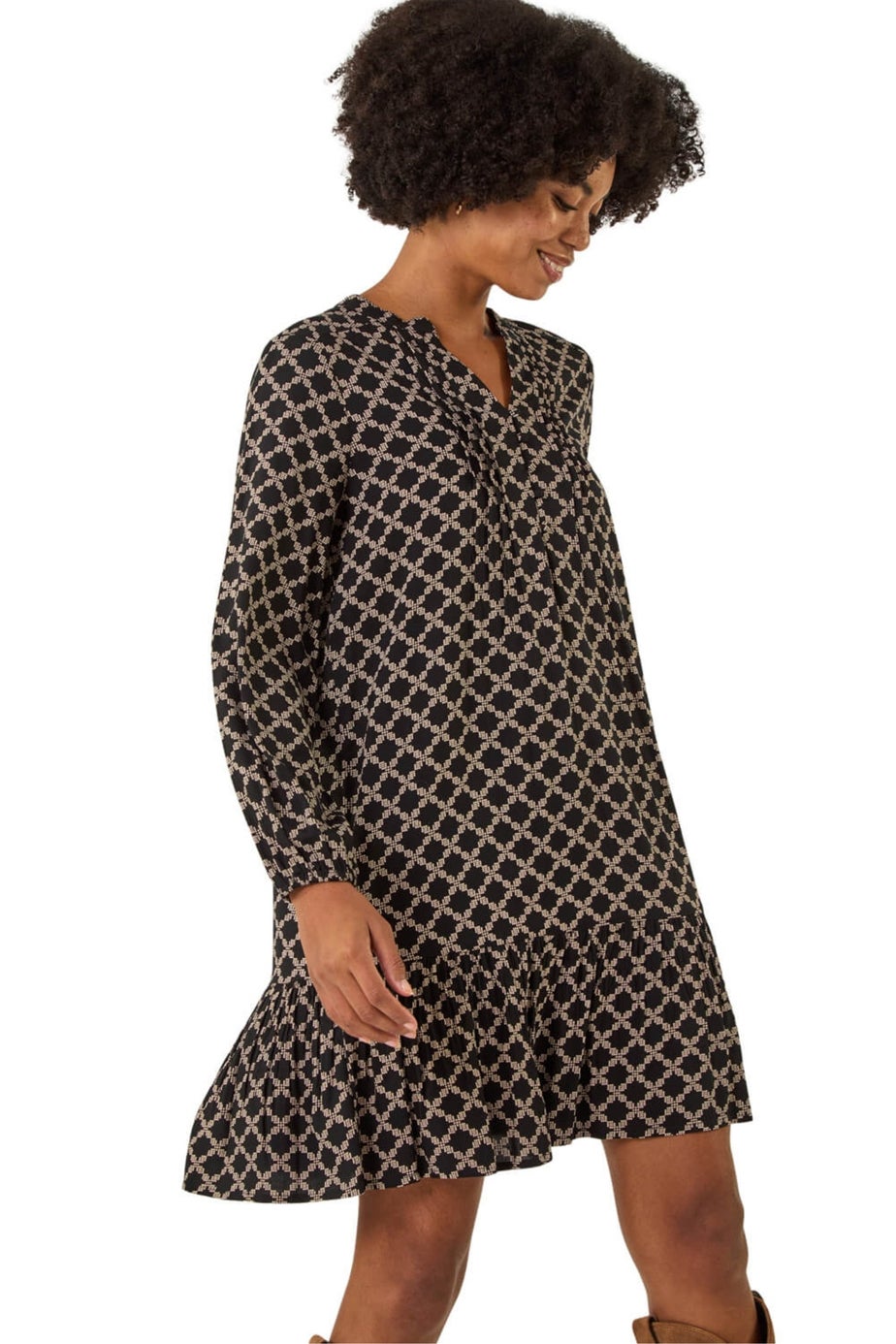 Roman Black Geo Print Pintuck Smock Dress