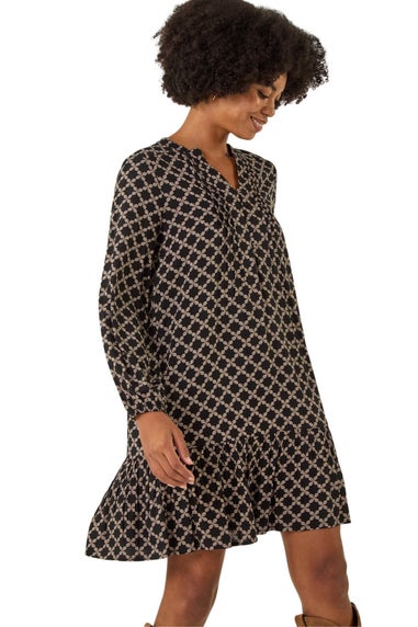 Roman Black Geo Print Pintuck Smock Dress