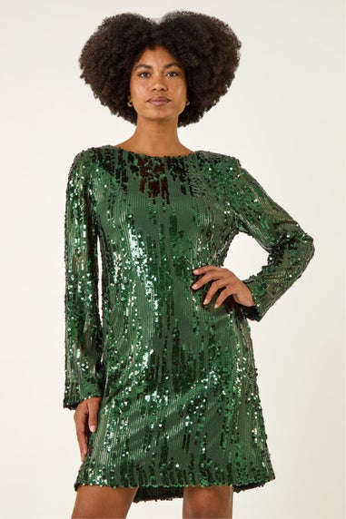 Roman Green Sequin Shift Stretch Dress