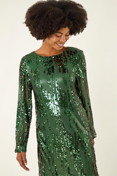 Roman Green Sequin Shift Stretch Dress
