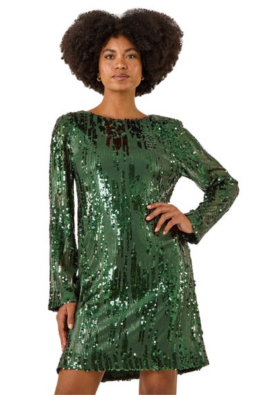 Roman Green Sequin Shift Stretch Dress