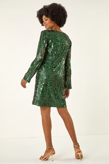Roman Green Sequin Shift Stretch Dress