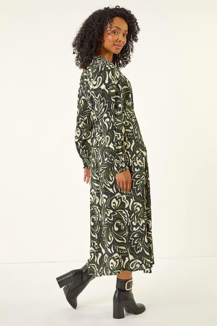 Roman Khaki Petite Printed Shirred Midi Dress